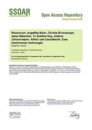 Rezension: Angelika Baier, Christa Binswanger, Jana Häberlein, Yv Eveline Nay, Andrea Zimmermann: Affekt und Geschlecht. Eine einführende Anthologie