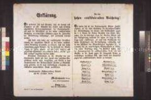 Maueranschlag mit zwei Bekanntmachungen: 1. Erklärung des Oberkommandanten der Nationalgarde Messenhauser über die Gerüchte des Verrates; Wien, 24. Oktober 1848 2. Anfrage der Kommandanten und Chefs der Nationalgarde an den Reichstag; undatiert