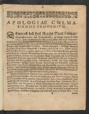 Apologiae Colmariensis Prooemivm.