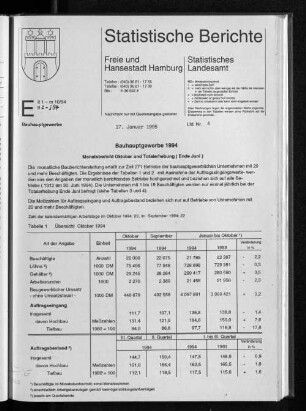Bauhauptgewerbe 1994 Monatsübersicht Oktober bis Totalerhebung ( Ende Juni ) : Lfd. Nr. 4