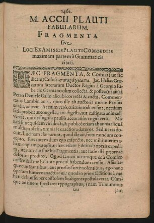 M. Accii Plauti Fabularum. Fragmenta sive Loci Ex Amissis Plauti Comoediis maximam partem à Grammaticis citati