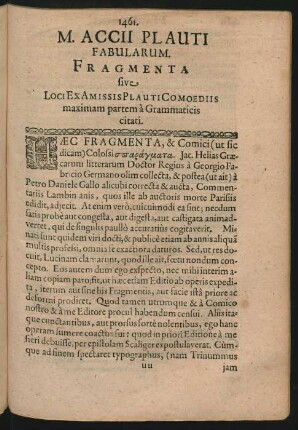 M. Accii Plauti Fabularum. Fragmenta sive Loci Ex Amissis Plauti Comoediis maximam partem à Grammaticis citati
