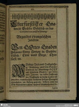 Churfürstlicher Gnaden zu Sachsen Befehlich an das Consistorium zu Merseburg, Wegem des Evangelischen Jubelfests