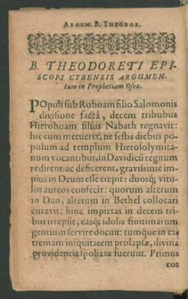 B. Theodoreti Episcopi Cyrensis Argumentum in Prophetiam Oseae.
