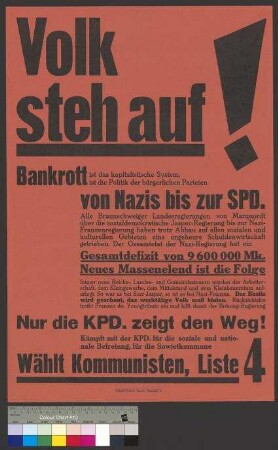 Wahlplakat der KPD, vermutlich zur Landtagswahl am 14. September 1930