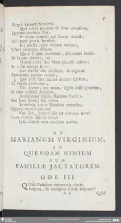 Ad Marianum Virginium. In Quendam Nimium Suae Familiae Jactatorem. Ode III.
