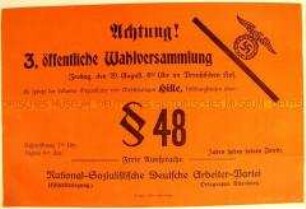Propagandaflugblatt der NSDAP-Ortsgruppe Altenburg mit dem Aufruf zu einer Wahlversammlung zum § 48 der Weimarer Verfassung (Notverordnungen)