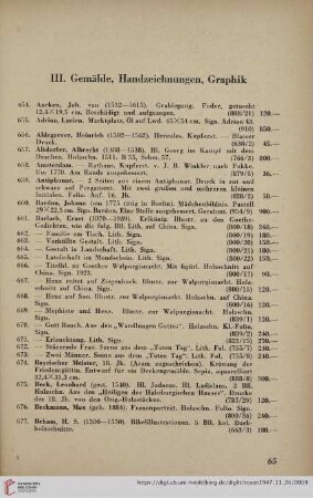 III. Gemälde, Handzeichnungen, Graphik (Nr. 654-1231)