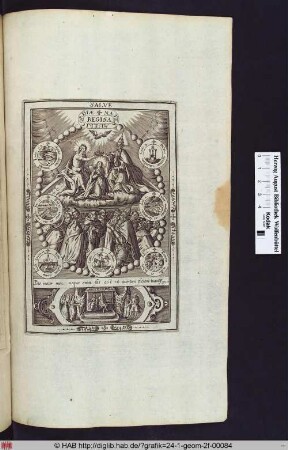 Krönung Mariae, umgeben von Mariensymbolen, darunter eine Kartusche mit der Darstellung Bathsebas.