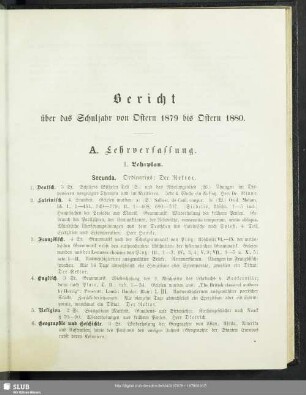 Bericht über das Schuljahr von Ostern 1879 bis Ostern 1880