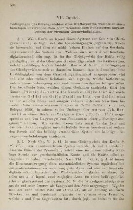 VII. Capitel. Bedingungen des Gleichgewichtes eines Kräftesystems, welches an einem beliebigen unveränderlichen oder veränderlichen Punktsystem angreift. Princip der virtuellen Geschwindigkeiten.
