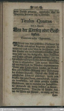 Titulus Quartus den 7. Martii Von der Clerisey oder Geistligkeit