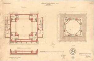 Mellinger, Ludwig von; München; Armeemuseum - Neubau, Mittelbau (Grundriss 3. OG), Kuppeltambour (Grundriss), Fries des Hauptgesimses (Schnitt)