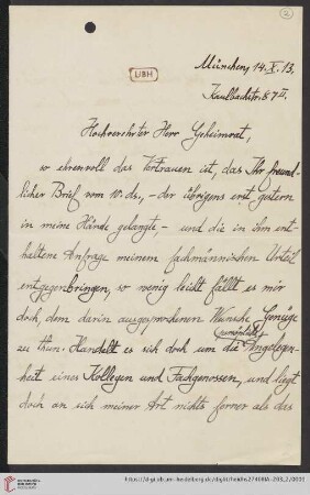 Korrespondenz Rudolf Unger / Heinrich Rickert: Brief von Rudolf Unger an Heinrich Rickert