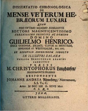 Diss. chronol. de mense veterum Hebraeorum lunari