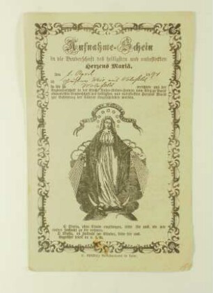 Aufnahme-Schein des Gustav Weis in die Bruderschaft des heiligen und unbefleckten Herzens Maria