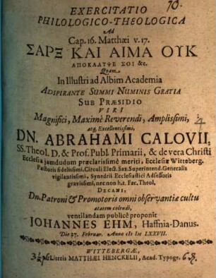 Exercitatio philol. theol. ad Cap. 16. Matthaei v. 17. sarx kai haima uk apokalypse soi &c.
