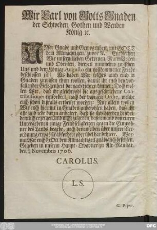 Wir Carl von Gotts Gnaden der Schweden, Gothen und Wenden König [et]c.