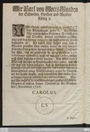 Wir Carl von Gotts Gnaden der Schweden, Gothen und Wenden König [et]c.
