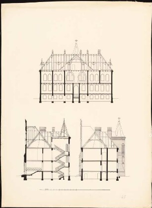 Kranken- und Siechenhaus, Brüssow Gültiger Ausführungsentwurf: Längsschnitt, Querschnitt 1:100
