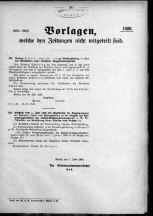 Anlage: (501-502), Vorlagen, welche den Zeitungen nicht mitgeteilt sind, 4. Juni 1926