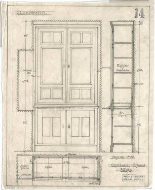 Littmann, Max; Bocksberg; Hofgut, Landhaus - eingebauter Schrank in der Küche (Grundriss,Ansicht, Schnitt)
