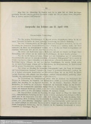 Ansprache des Rektors am 23. April 1890