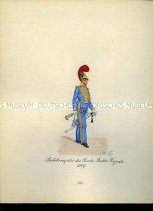 Uniformdarstellung, Stabstrompeter des Garde-Reiter-Regiments, 1849. Aus: Sammelmappe "Sachsens Militär", Königliche Arsenalsammlung.