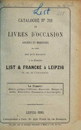 Lager-Verzeichnis. 218. 1890