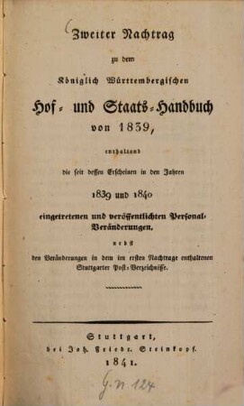 Königlich-Württembergisches Hof- und Staats-Handbuch. 1839, Nachtr. 2