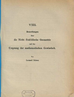Bemerkungen über die Nicht-Euklidische Geometrie und den Ursprung der mathematischen Gewissheit