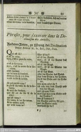 Phrases, pour s' exercer dans la Declinaison des Articles. Redens-Aerten, zu Ubung der Declination derer articul le, la, der, die, das