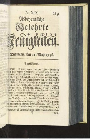 N. XIX. Tübingen, den 11. May 1736