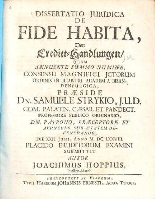 Dissertatio iuridica de fide habita, Von Crediet Handlungen