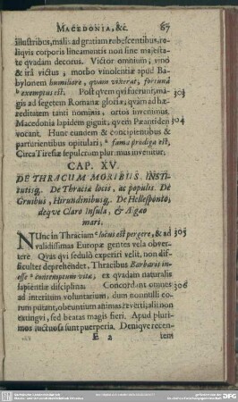 Cap. XV. De Thracum Moribus, Institutisq[ue]. De Thracia locis, ac populis. De Gruibus, Hirundinibusq[ue]. De Hellesponto, deque Claro Insula, & Aegaeo mari