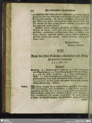 XIII. Receß des Ober-Sächsischen allgemeinen und Münz-Probation-Convents d. d. 3. Maii 1610