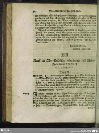 XIII. Receß des Ober-Sächsischen allgemeinen und Münz-Probation-Convents d. d. 3. Maii 1610