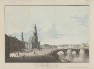 Ansicht der Hofkirche mit Augustusbrücke von der Brühlschen Terrasse aus, kolor. Radierung, um 1815 : Dresden / Morasch fc. - Dresden : C. G. Morasch , [ca. 1815]. - 1 Kunstbl. : color. Stich ; 42 x 29 cm