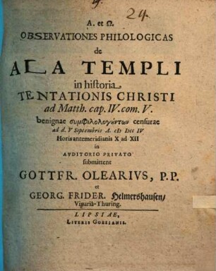 Observationes Philologicas de Ala Templi in historia Tentationis Christi ad Matth. IV. com, V