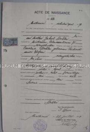 Geburtsurkunde für Leonie Strobler, verehelichte Haseloff; Mülhausen, 27. Juli 1934
