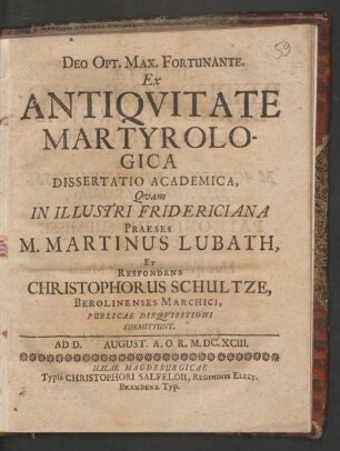 Ex Antiquitate Martyrologica Dissertatio Academica