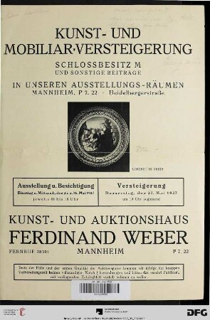 Kunst- und Mobiliar-Versteigerung : Schloßbesitz M und sonstige Beiträge ; Versteigerung Donnerstag, den 27. Mai 1937