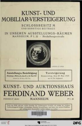Kunst- und Mobiliar-Versteigerung : Schloßbesitz M und sonstige Beiträge ; Versteigerung Donnerstag, den 27. Mai 1937