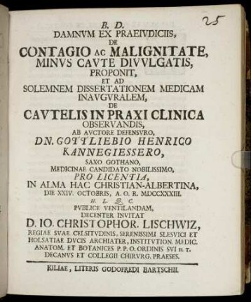 Damnum Ex Praeiudiciis, De Contagio Ac Malignitate, Minus Caute Divulgatis