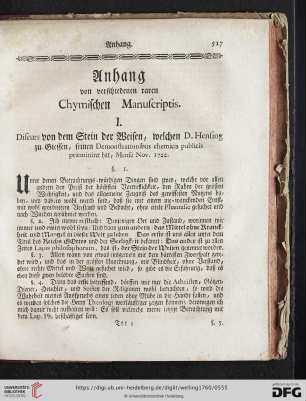 Anhang von verschiedenen raren Chymischen Manuscriptis