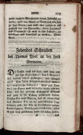 Zehendes Schreiben des Thomas Boot an den Lord Germaine.