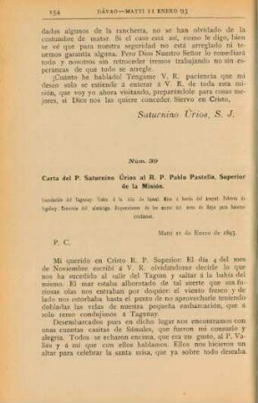 Núm. 39. Carta del P. Saturnino Úrios al R. P. Pablo Pastells, Superior de la Misión
