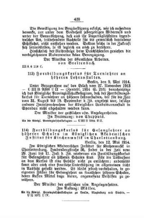 Fortbildungskursus für Turnlehrer an höheren Lehranstalten : [D. Allgemeine Angelegenheiten der Unterrichtsanstalten]