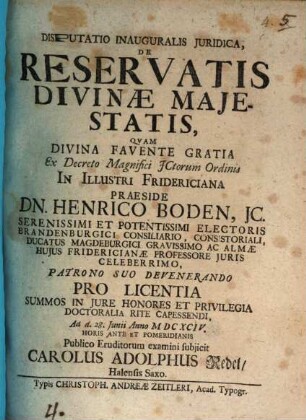 Disp. inaug. iur. de reservatis divinae maiestatis