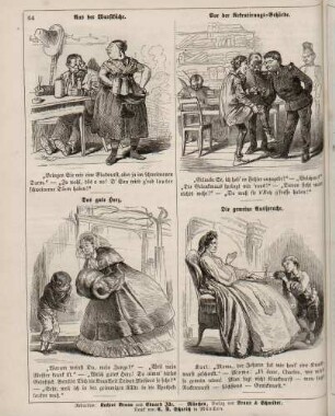 "Aus der Wurstküche" "Vor der Rekrutirungs-Behörde" "Das gute Herz" "Die gemeine Aussprache"